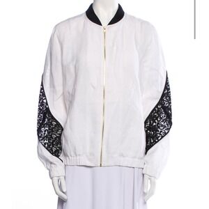 Escada Sport White Linen Lace Bomber Jacket Zip Up Black Collar Size‎ 44 L/XL